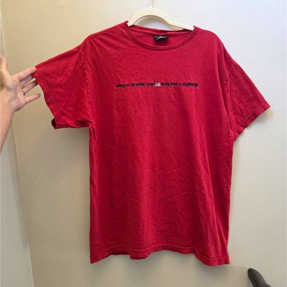 Vtg 90s Polo Jeans Co. Ralph Lauren Red Embroidered Flag Logo Crew Neck T-Shirt